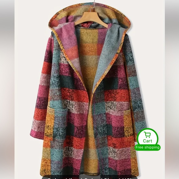 Color-Block Plaid, Hooded, Open Front, Cardigan Style Outerwear Sweater Jacket M - Picture 2 of 6